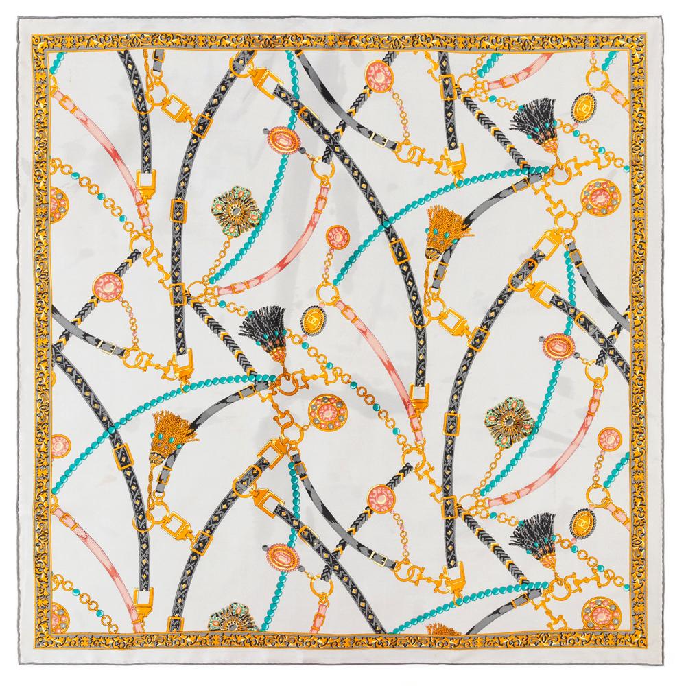 

90cm Belt Chain Square Shawl Twill Silk Scarf Women Luxury Brand Hijab Bandana Handmade Curled Foulard Head Scarves 90x90cm