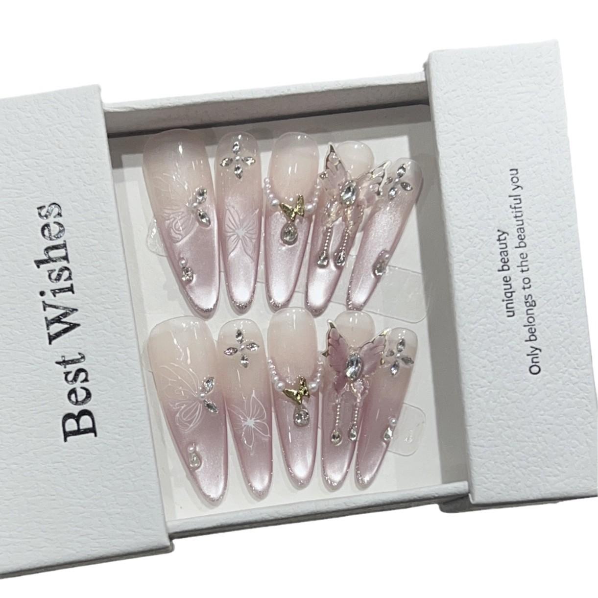 

Ношение длинных ногтей, ручная работа, накладные ногти, розовый кошачий глаз, французский, бриллиант, бабочка, нейл-арт extra small XS