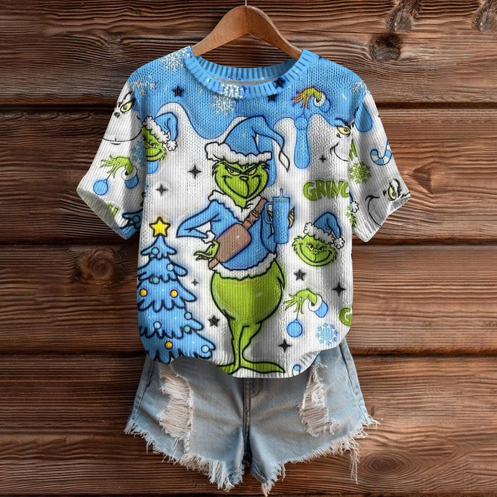 Women's Cute Sweater Knitted Fashion Casual Round-neck Short-sleeved  Cozy Print Top