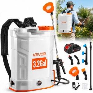 VEVOR Battery Powered Backpack Sprayer, 12L Powerful Electric Backpack Sprayer, 2 Retractable Wands & 5 Nozzles, Adjustable 0-90 PSI