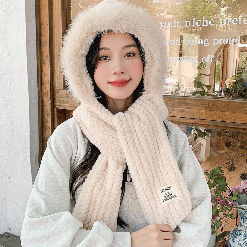 

Women s Autumn Winter Plush Hat Scarf Integrated Cute Versatile Hooded Knitted Neck Warmer Outdoor Cycling Cold Proof Warm One Size бежевый