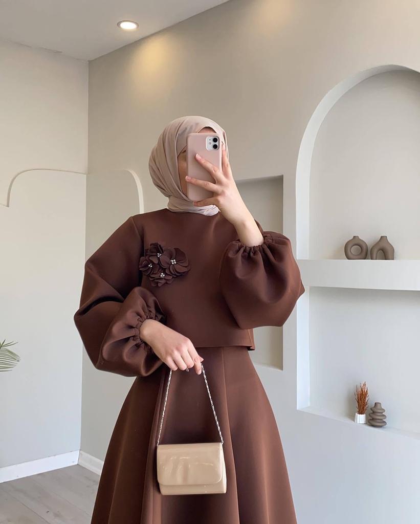 Autumn  Dubai Floral Lantern Sleeve Loose Dress & Skirt Set for Women