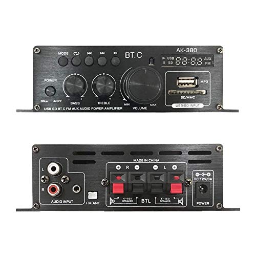 Kompakter 2-Kanal-Audioverstärker mit Bluetooth 5.0, 40W + 40W Ausgang, USB/SD-Kartenwiedergabe, Aluminiumgehäuse, Hi-Fi Stereo, 12V/2A Netzteil, Fernbedienung