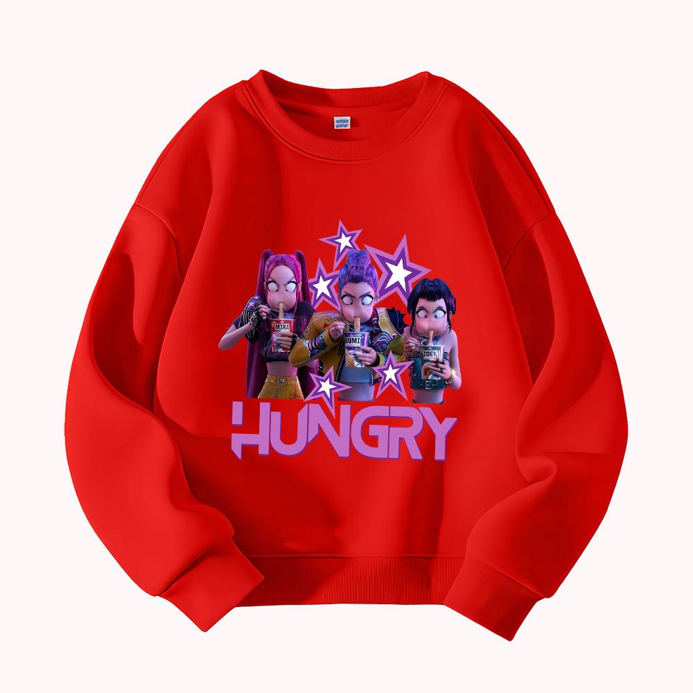 Hungry Graphic Sweatshirt Women's Casual Round Neck Pullover with Anime Girl Print Star Design Fashion Streetwear Top