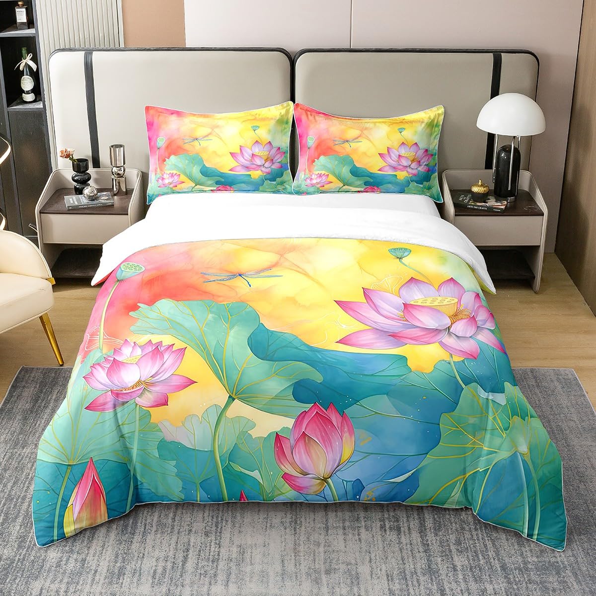 

Lotus Duvet Cover Set For Girls Women Queen Lightweight Down Quilt Covers Bedroom Decor 2 Pillowcases 1 Duvet Cover No Comforter EU Single(135x200cm)