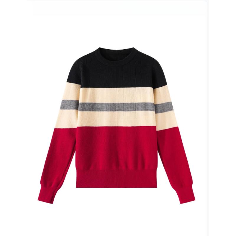 Fashionable and Casual Color-blocking Striped Long-sleeved Top Autumn New Style Design Round-neck Pullover Knitted Sweater for Women