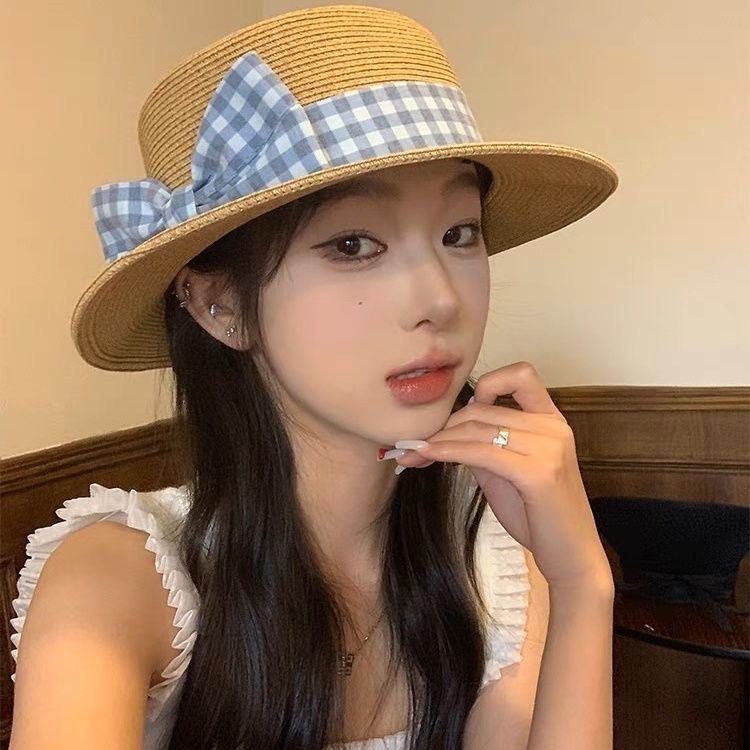 Fine-woven blue plaid bow straw hat women's new summer French seaside sunshade, sun-proof and breathable hat