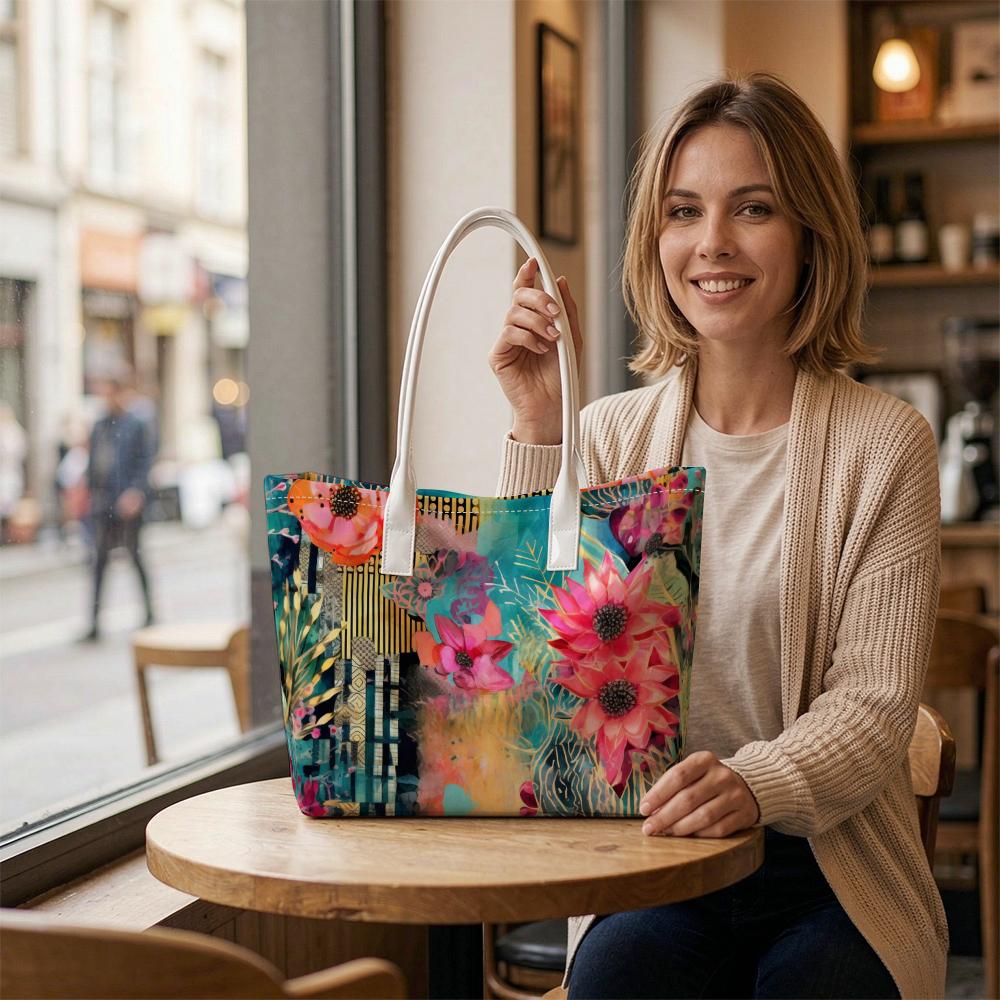 Vibrant Floral Pattern Tote Bag for Daily Casual Commute Shopping Use