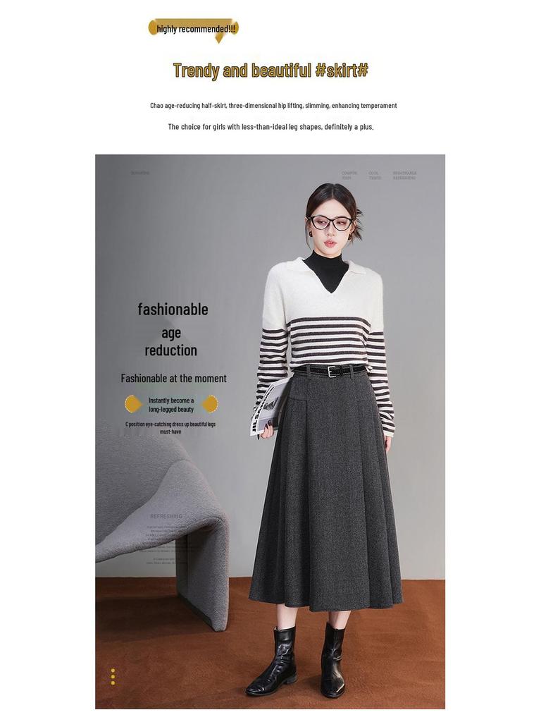 2025 Winter High-Waisted Wool A-line Skirt - Drapey, Slimming, Mid-length, Pleated, Wide-hem Design.