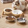 Raised Wooden Ceramic Pet Bowl, Double Elevated Cat Feeder with Removable Bowls, Anti-Spill, Neck Protection