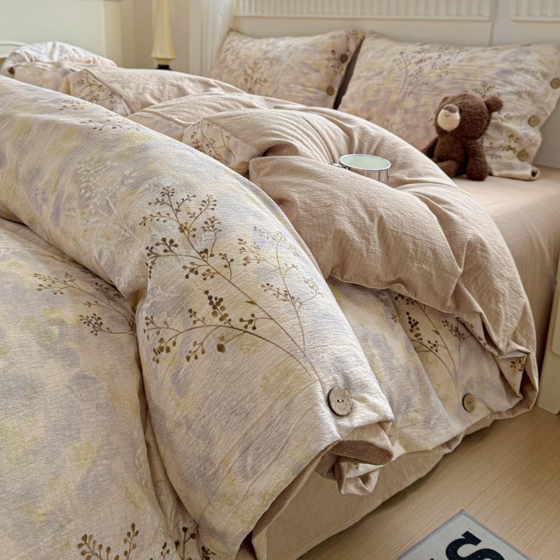 Retro Floral Linen Bedding Set: Autumn & Winter 4-Piece with Button Duvet Cover & Sheet