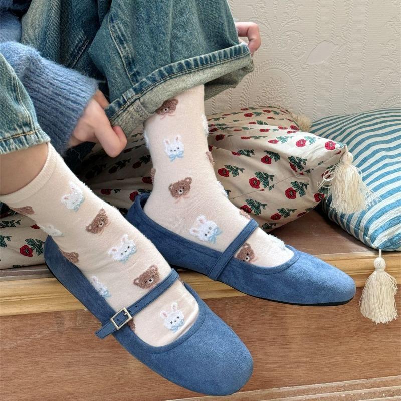 Cute Little Rabbit and Bear Mid-calf Socks, Girls' Cartoon Trendy Casual Cotton Socks, School Style Socks