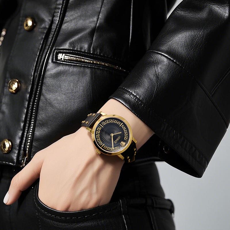 Versace Quartz Watch 35mm Beige Dial Leather Strap Gift Set With Perfume And Red Envelope Women Watches Pink VE0A00125