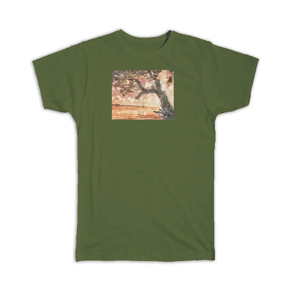 Gift T-Shirt : Watercolor Scenary Tree Swing M