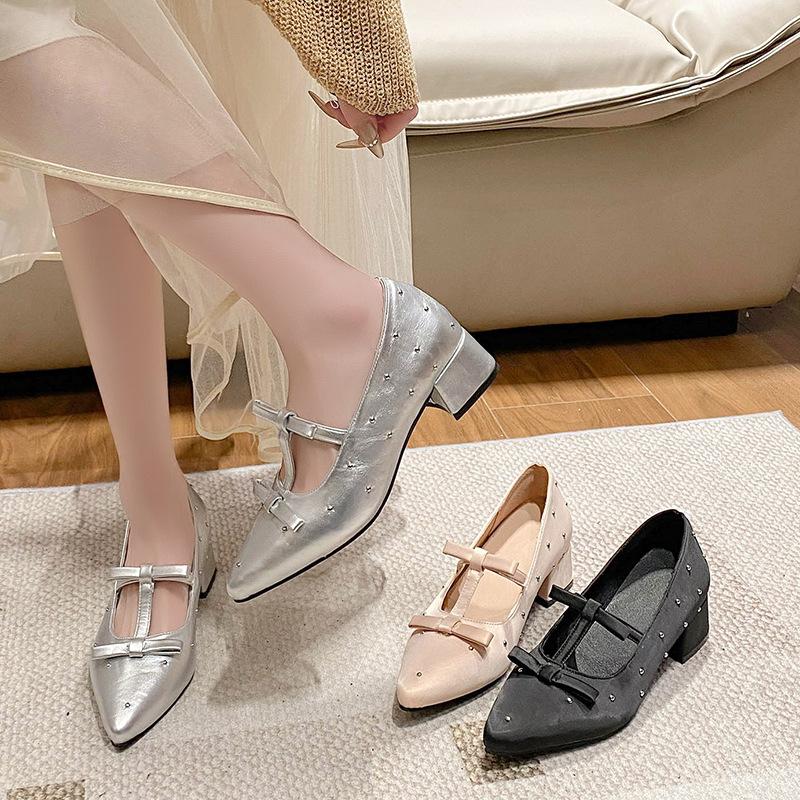 French Inner Heightening Thick Heel High Heels Satin Mary Jane Women's Shoes 2025 New Spring and Summer Pointed Not Tired Feet Single Shoes