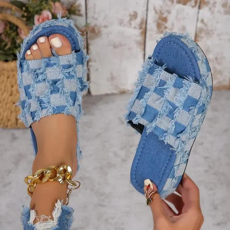 Fashion New Women's Denim Platform Slides Fashion Slip-On Wedges High Heels Summer Sandals Women Casual Leisure Comfy Woman Shoes
