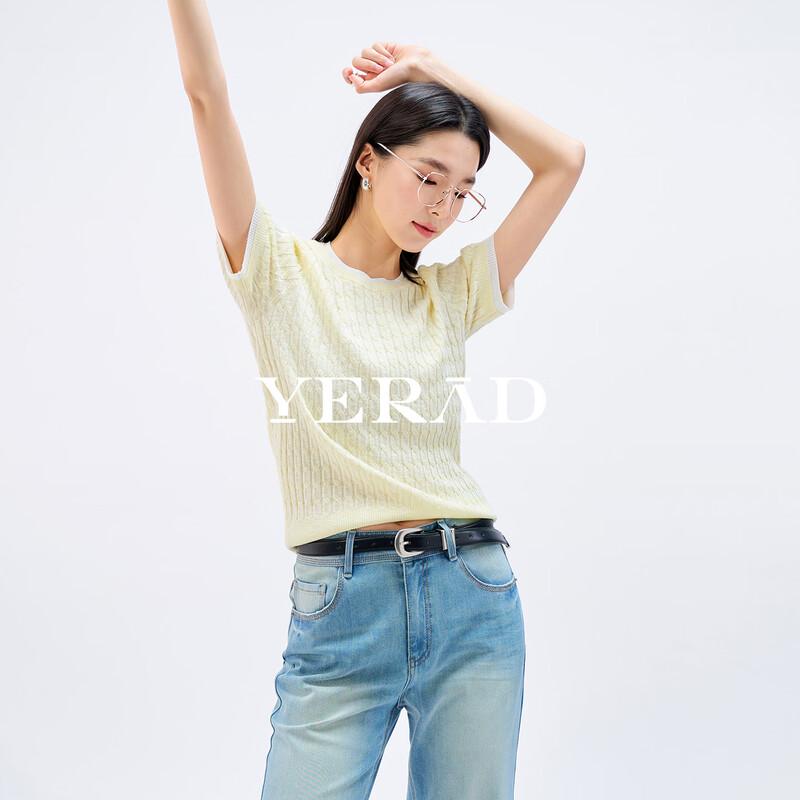 YERAD Women s Faux Two-Piece Cable Knit Short Sleeve Tee L