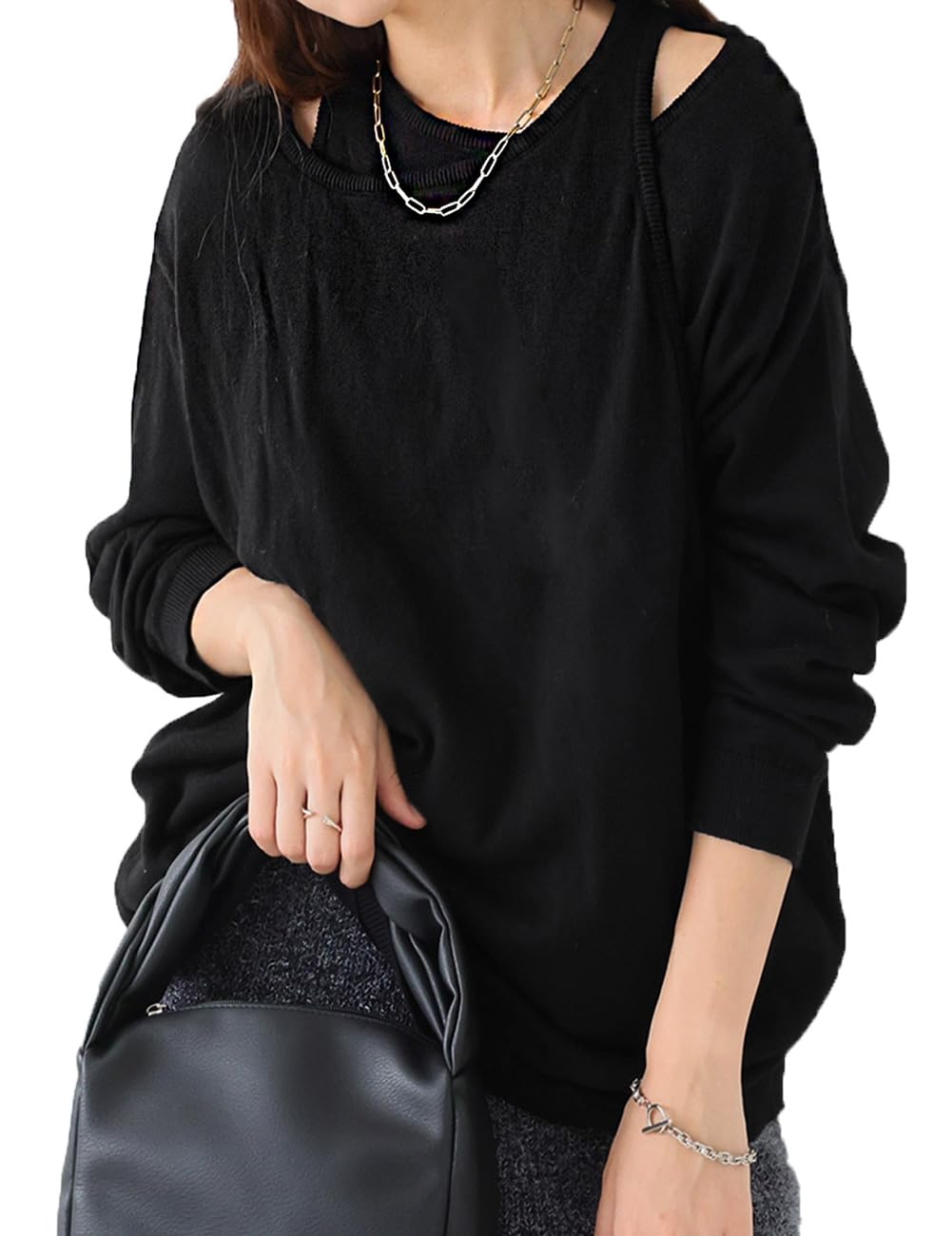 

antiqua Layered Knit Top One Size Black Women s YP-00134, 05,