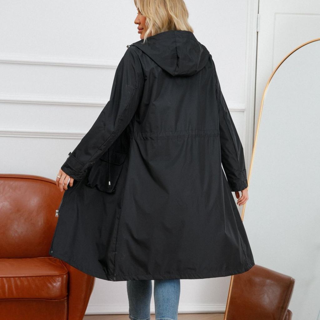 GMXIA Damen Einfarbiger Druck Herbst Winter Kapuzen Streifen Futter Gerade Röhre Langarm Jacken & Mäntel