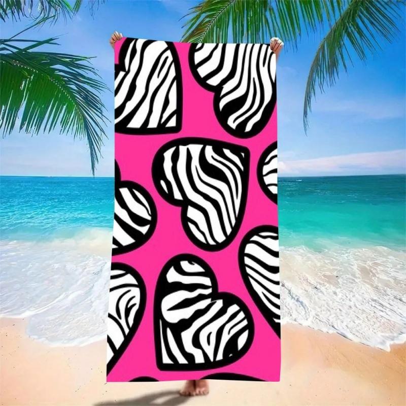 Trendy Pink Zebra Heart Beach Towel - Super Absorbent Quick Dry Microfiber, Cute Animal Print Blanket for Picnic & Outdoor