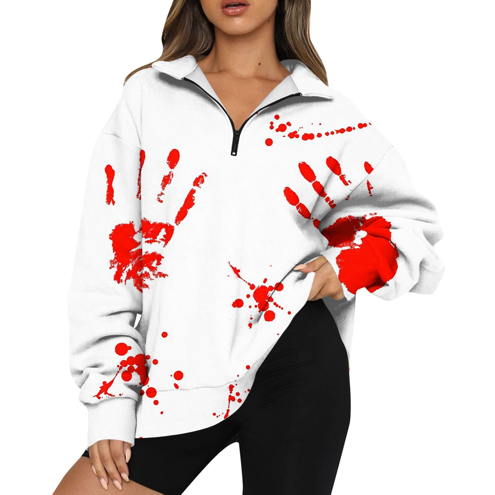 

Женская мода повседневная толстовка с длинным рукавом и принтом на Хэллоуин с застежкой-молнией и воротником-стойкой с заниженными плечами M белый