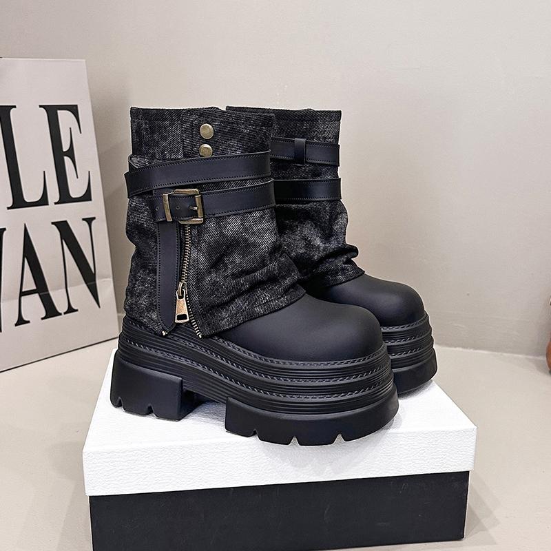 Fashion 10CM Autumn Chunky Short Boots Women High Heels Fashion 2025 Winter Mid Calf Leather Sneakers Trend Belt Buckle Motorcycle Boots
