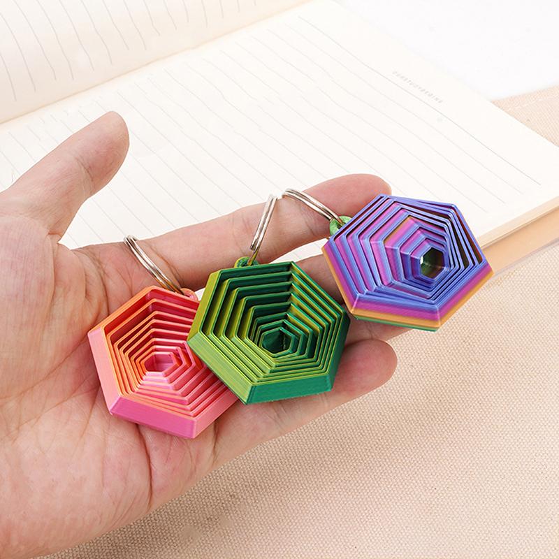 1 Piece Couple Key Hook Gift For Friends Creative 3D Printed Hexagon Keychain Can Push-Pull-Rotate Fidget Stress Relief Toy