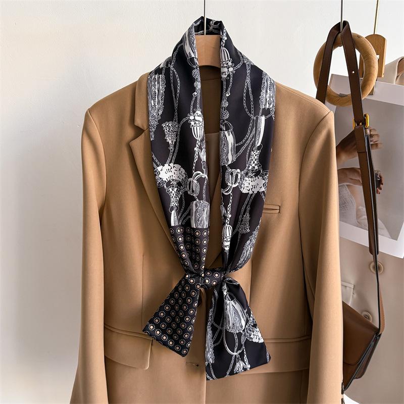 Luxurious Double-layered Scarf with Tassels, Tie-on Decoration, Suit Necktie, Small Strip Headband, Silk Scarf, Women's Printed