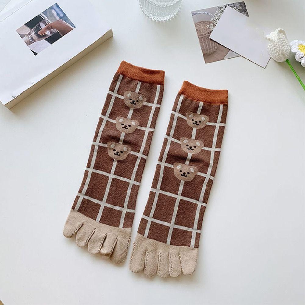 Stripe Grid Five Finger Tube Socks Breathable Toe Separator Socks Split Toe Short Socks Daily