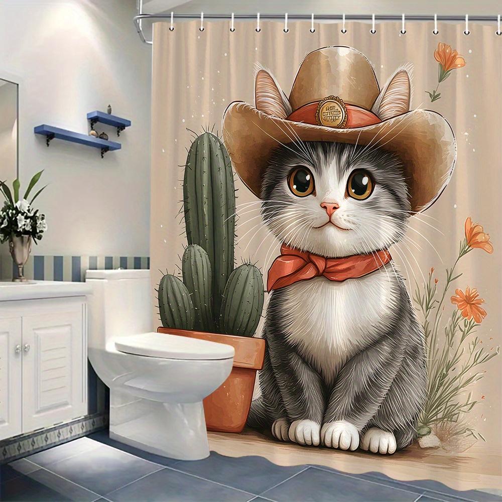 1pc Anthropomorphic Kitten Cowboy Hat & Cactus Shower Curtain - Whimsical Western Bathroom Decor with Soft Textured Design,