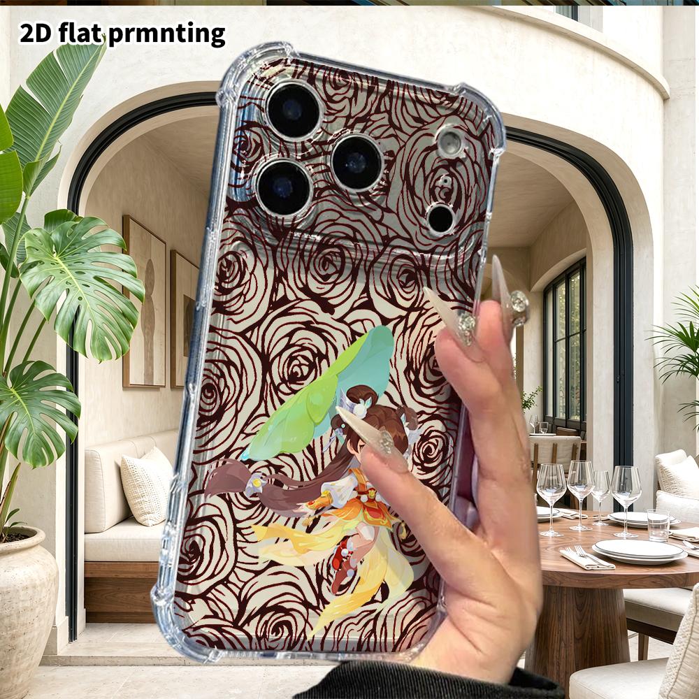 Phone case: 2D flat suitable for iPhone 18 17 16 15 14 13 Pro, transparent four corner protective case, twin tails, Christmas and Halloween gift