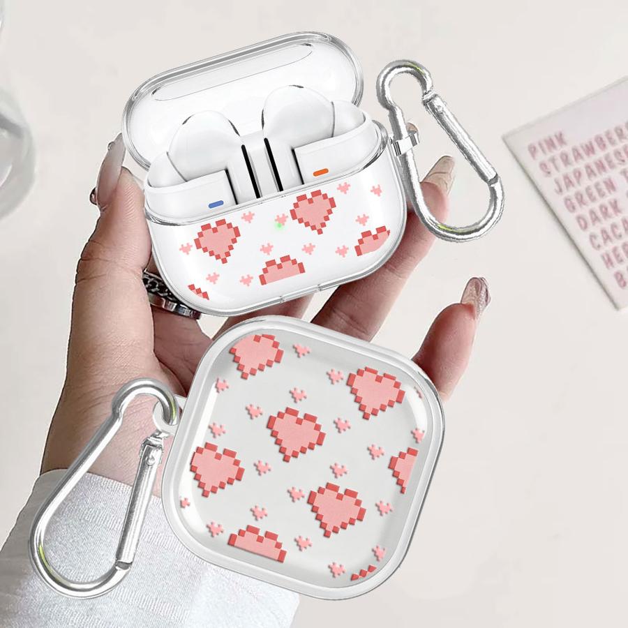 Clear Earphone Cases Cover With Hook Case For Samsung Galaxy Buds 2 3 FE Live 4 Pro 2Pro 3Pro 4Pro Pink Heart