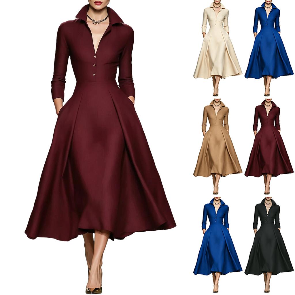 Women's Elegant V-Neck Satin Long Sleeve Dress with Waist Tie for Fall Winter