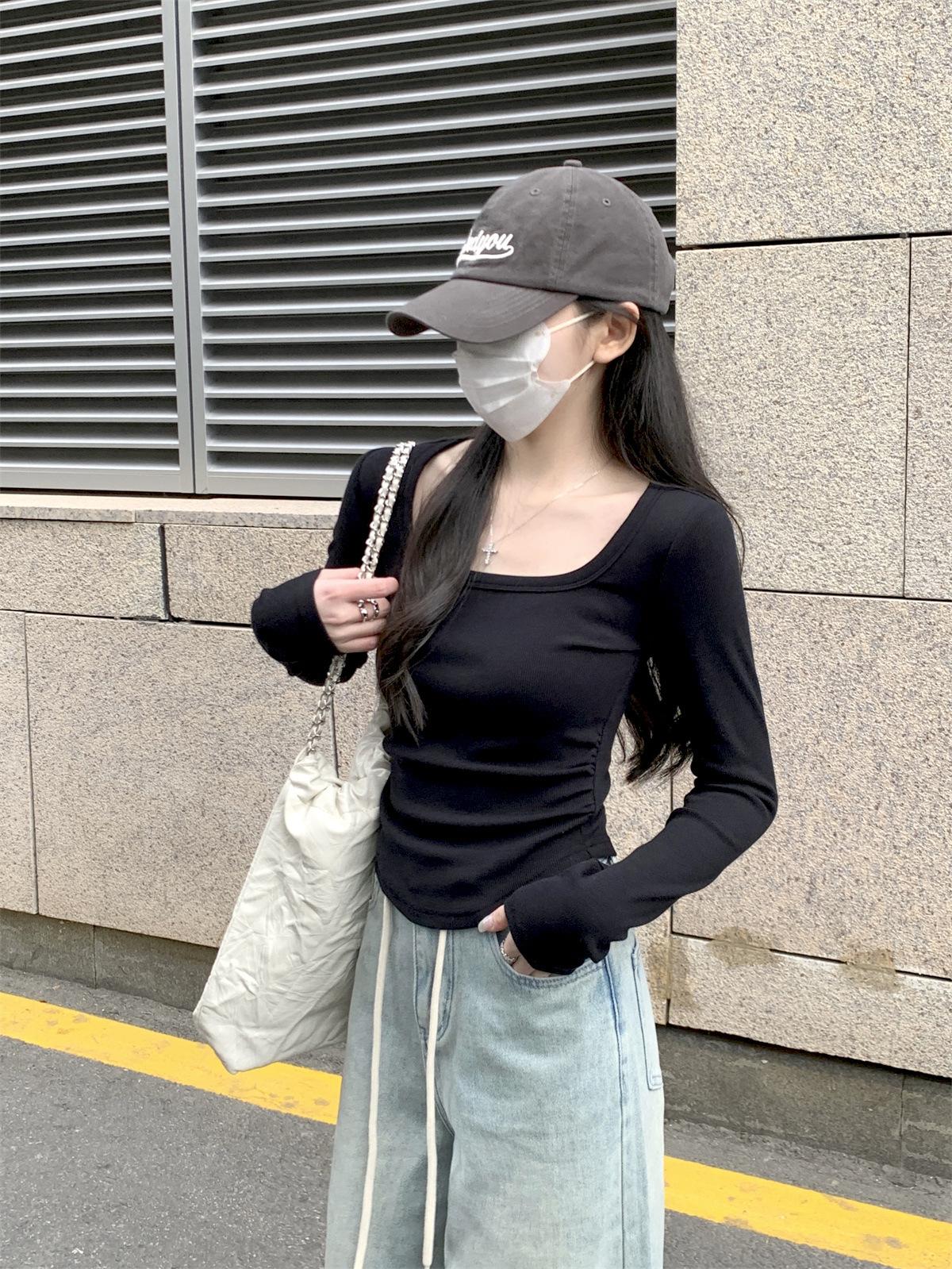 

Simple square collar leaking collarbone top women s spring new card waist pleated small long-sleeved T-shirt bottoming shirt XL чорний