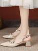 Nude high heels women's summer French thick heel pointed head rivet bag head empty sandals 2025 new foreign style