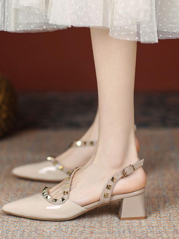Nude high heels women's summer French thick heel pointed head rivet bag head empty sandals 2025 new foreign style