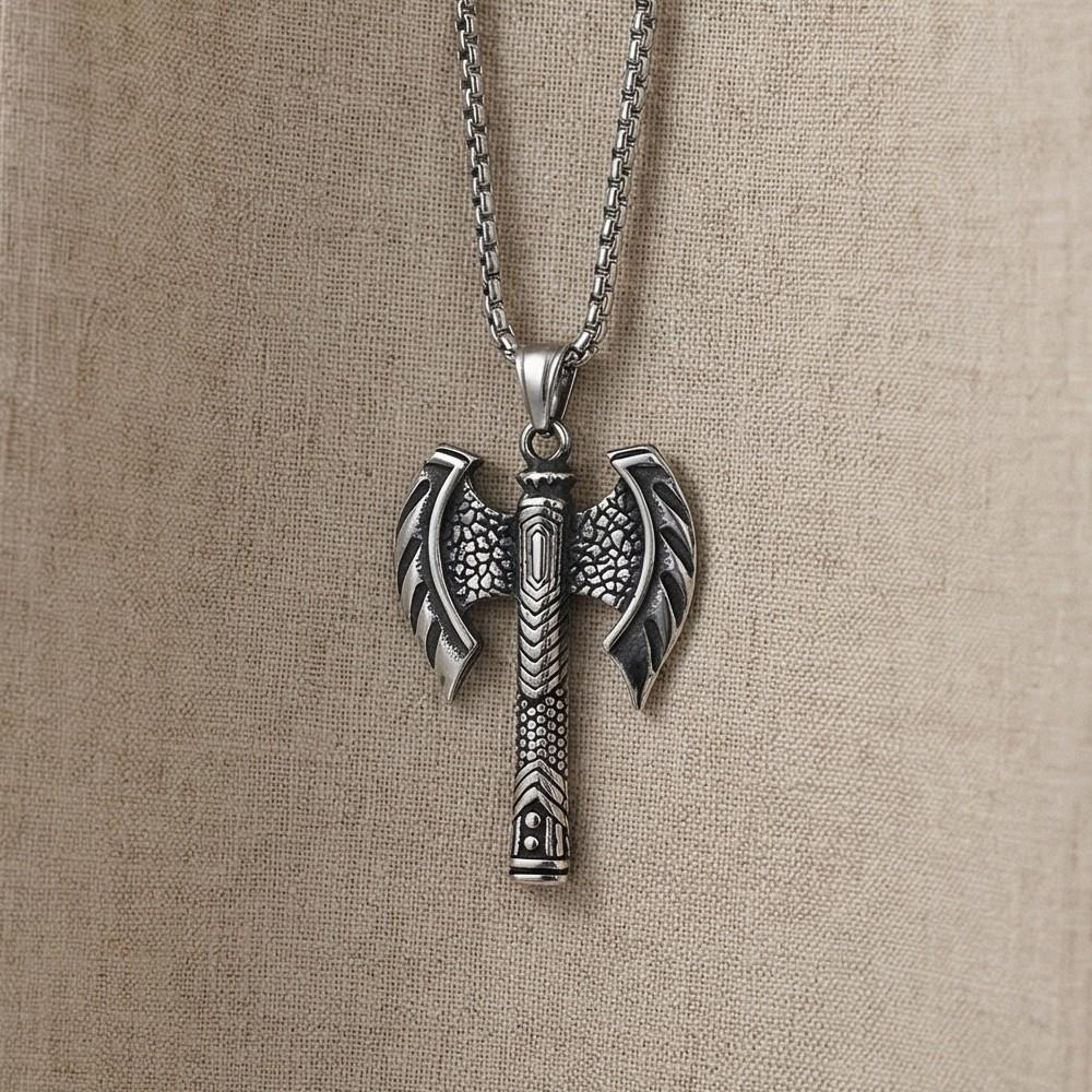Silver Color Viking Axe Shaped Pendant Necklace Men Vintage Style Stainless Steel Neck Chain Punk Jewelry Fashion Gifts Rock