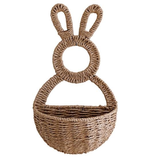 Small Plant Display Basket Easter Bunny Woven Basket, Handmade Rabbit Rustic Wall Hanging Entryway Sundries Storage for Dried or Faux Flowers Plants,