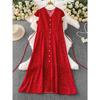 Summer Women Polka Dot Long Dress Vintage V-Neck Flying Sleeve High Waist Single Breasted A-Line Casual Vestidos Female Robe New