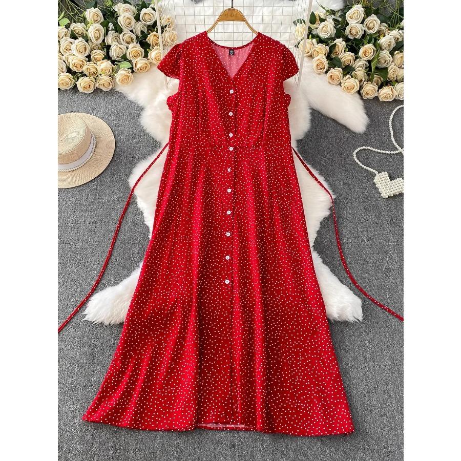 Summer Women Polka Dot Long Dress Vintage V-Neck Flying Sleeve High Waist Single Breasted A-Line Casual Vestidos Female Robe New
