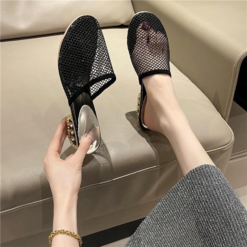 Fashion Mesh Slippers Fashion Round Toe Deep Mouth Breathable Non-slip Hollow Heel Wrapped Head Half Drag