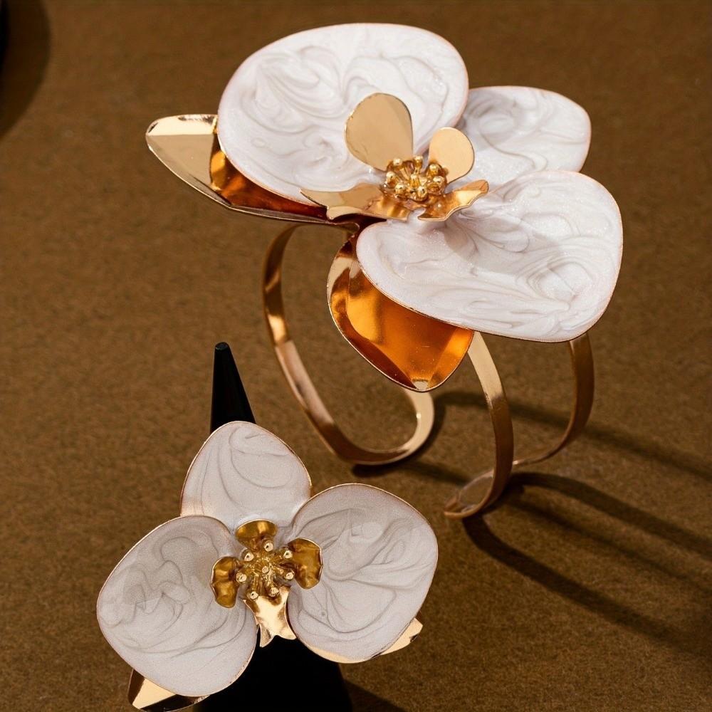 Metal Flower Bracelet Bohemian Open Floral Arm Cuff Elegant Flower Bracelet Ring Set  Festive