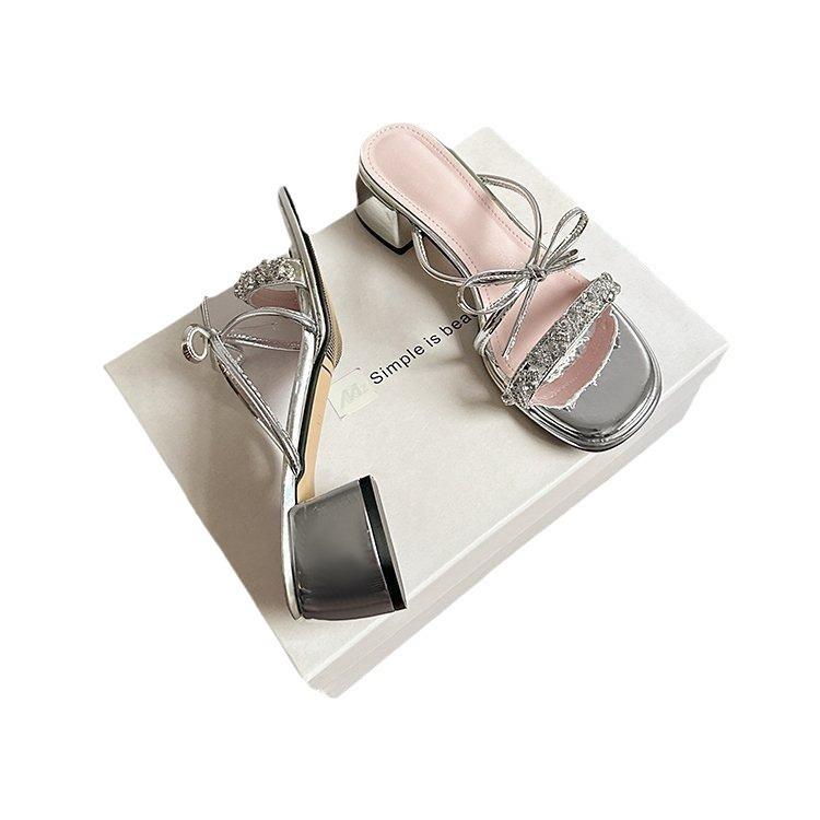 Silver Sandals Women 2025 New Summer Bow French Cool Slippers Wear Thick High Heels Fairy Style Slippers
