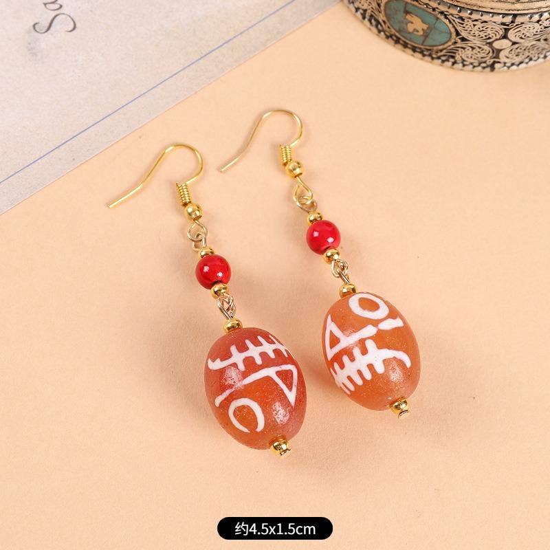 Original design Tibetan nine-eye dzi bead agate earrings retro literary tiger tooth earrings Chinese earrings women