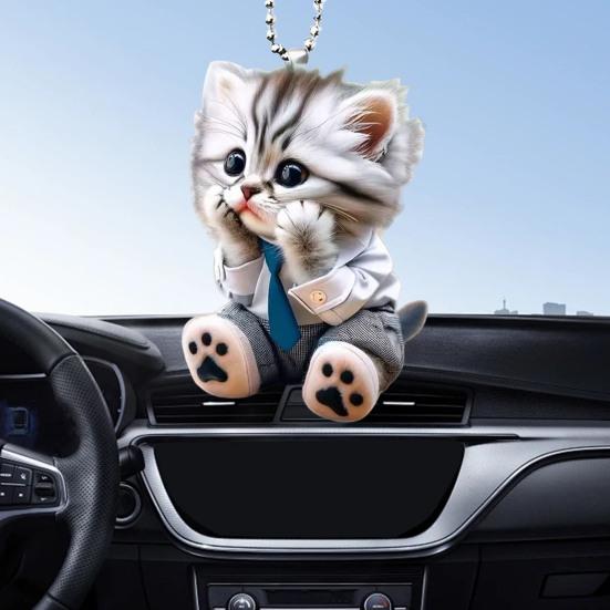 Car Pendant Hanging Ornament with Chain Easy To Hang Realistic Looking Animal Cat-Shaped Rearview Mirror Hanging Decor Car Interior Accessories