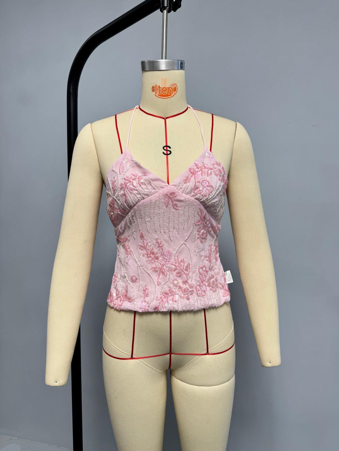 

Лето 2025 Европейский и Американский Женский Тяжелый Жилет-Майка с Вышивкой Блестками и Бисером Large розовый