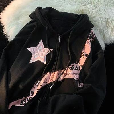 Y2K Zip Up Felpa con cappuccio da donna 2023 New American Fried Street Star Lettera Stampa Patchwork Cardigan Felpa con cappuccio da donna Cappotto allentato alla moda Top