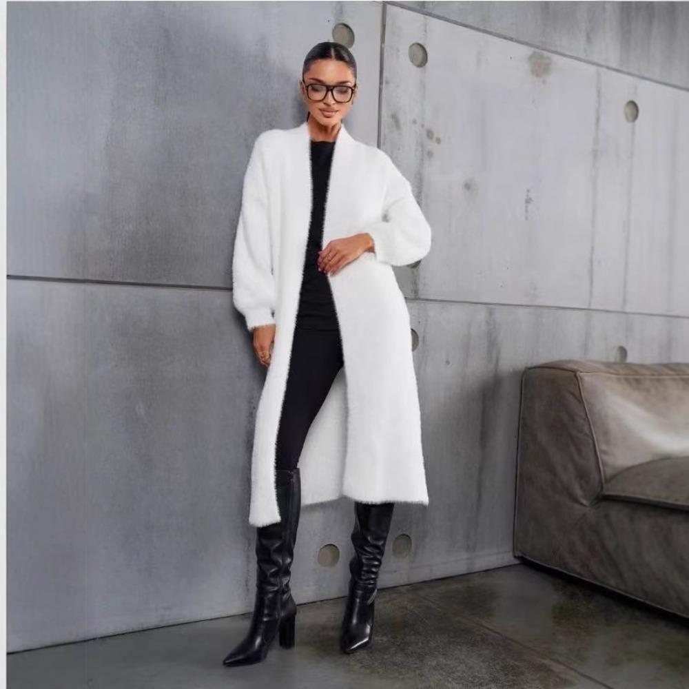 Faux Mink White Knit Cardigan Coat Women Autumn Winter Loose Fluffy Long Oversized Fuzzy Plush Sweater Jacket