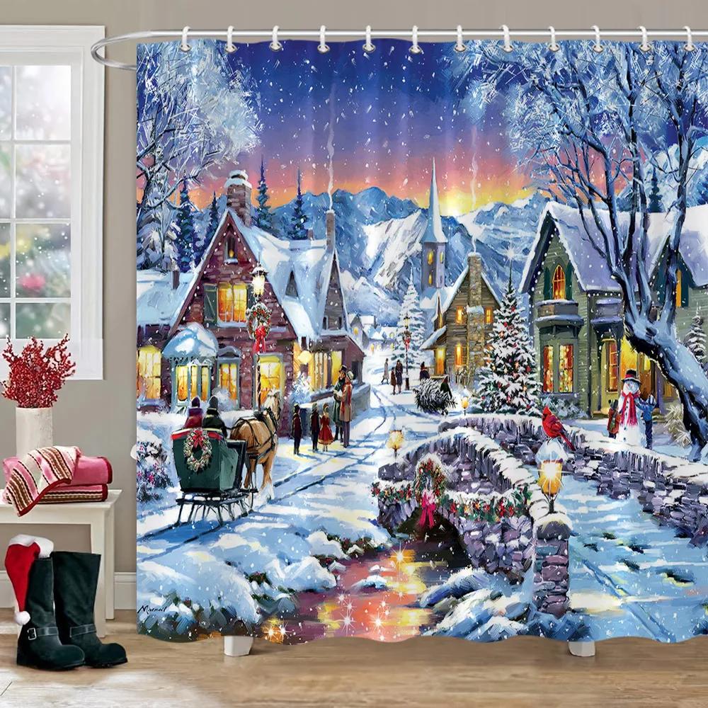 Christmas Snowman Shower Curtain Merry Santa Elf Deer Red Truck Polyester Fabric Printed Bath Curtains Bathroom Decor With Hooks