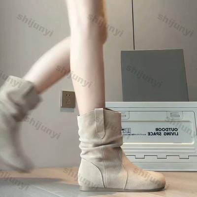 Fashion Retro Flats Pleated Design Slip On Western Ankle Boots for Woman Thick Heels Cowboy Booties Woman Round Toe Short Botas Mujer